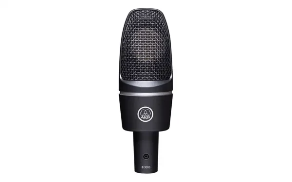 Front view of AKG C3000 large diaphragm cardioid condenser studio microphone with black metal grille and logo.