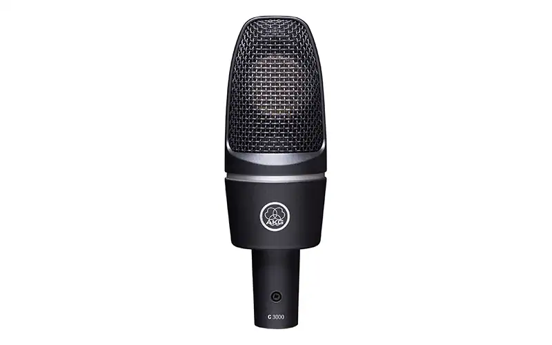 Front view of AKG C3000 large diaphragm cardioid condenser studio microphone with black metal grille and logo.
