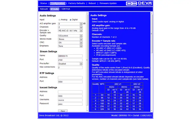deva db9000-tx web interface