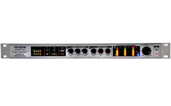 Solidyne AudiMax 362HD FM audio processor front panel with 3‑band controls, meters and level knob.