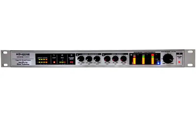 Solidyne AudiMax 362HD FM audio processor front panel with 3‑band controls, meters and level knob.