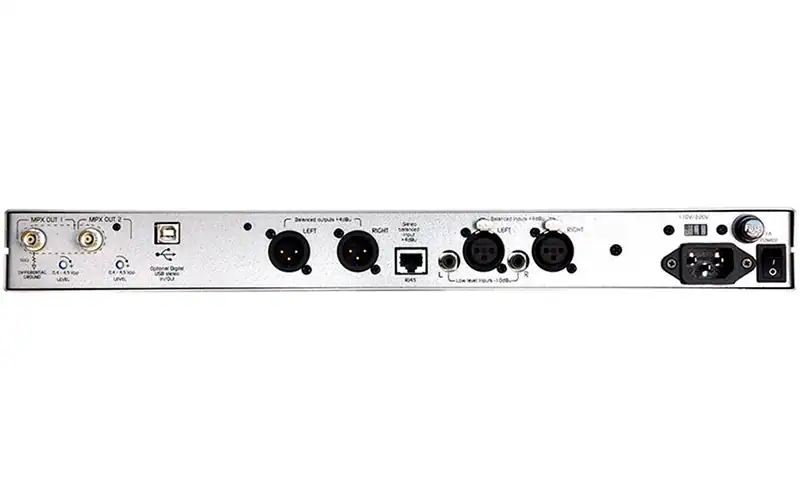 Solidyne AudiMax 362HD rear panel showing balanced XLR audio I/O, dual MPX outputs, USB and power inlet.
