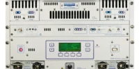Alt text Front view of the Eddystone S79005 500W modular FM transmitter showing amplifier modules, combiner, controller and power supply units in a rack cabinet