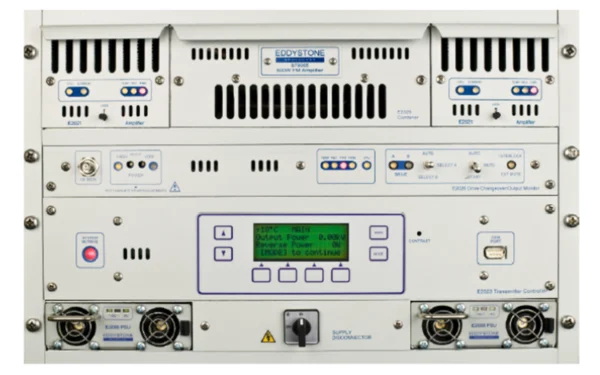 Alt text Front view of the Eddystone S79005 500W modular FM transmitter showing amplifier modules, combiner, controller and power supply units in a rack cabinet