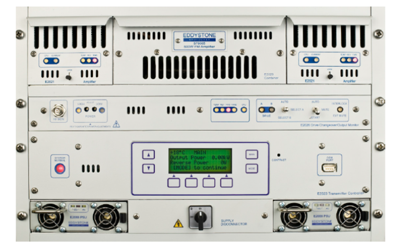 Alt text Front view of the Eddystone S79005 500W modular FM transmitter showing amplifier modules, combiner, controller and power supply units in a rack cabinet