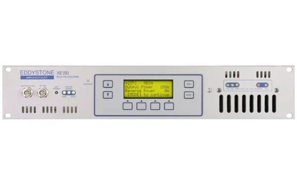 Eddystone XE70 70W FM exciter and transmitter front panel with LCD display, controls and RF connectors.