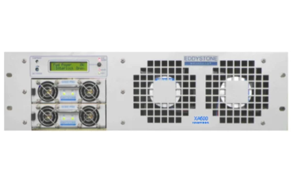 Front panel of the Eddystone XA500 500W FM power amplifier with cooling fans, LCD status display and modular power supply units