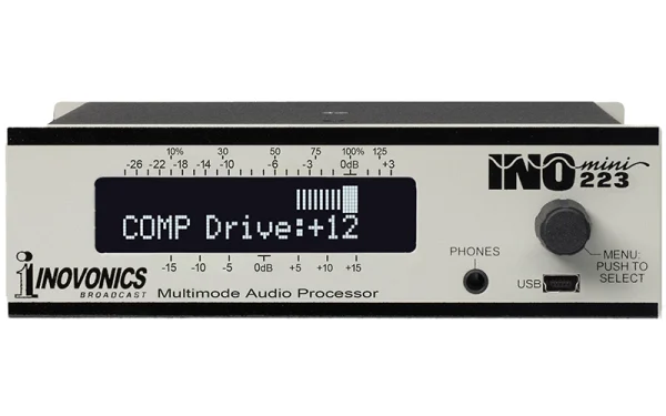 The Inovonics INOmini 223 is a versatile multimode audio processor designed to address various broadcast applications including NRSC, AM, FM, SCA, and TIS.