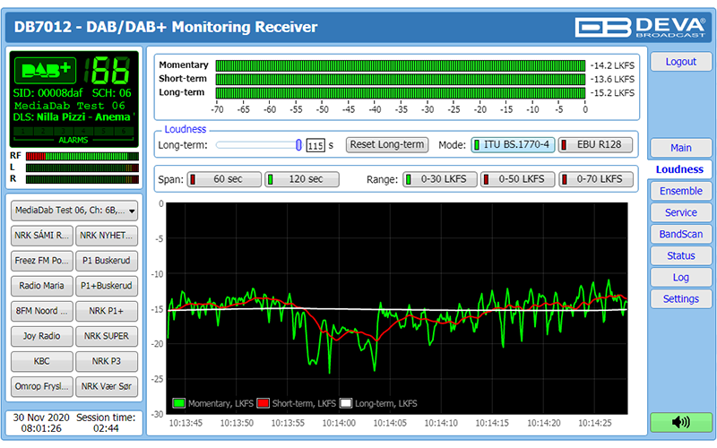 DEVA DB7012 DAB receiver monitoring screen