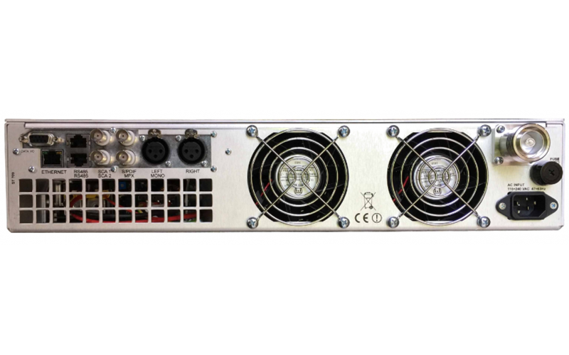 Suono Telecom ESVB1K 1 kW FM transmitter rear panel with RF output connector, audio inputs, control ports and dual cooling fans