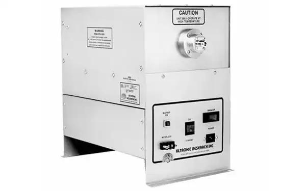 Altronic Research 6403 3kW forced air cooled 50 ohm RF dummy load front angled view with RF connector and control panel