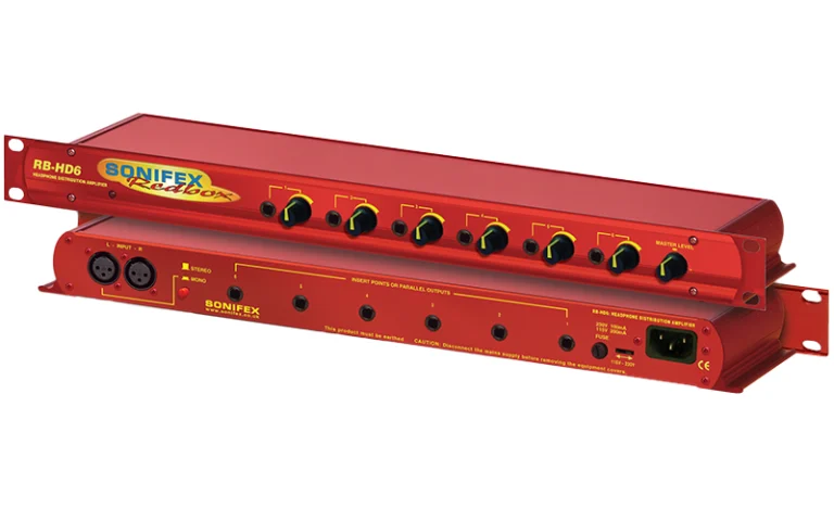 The Sonifex RB-HD6 headphone distribution amplifier is a 1U rack-mount which distributes stereo audio to up to 6 different sets of headphones, or can be used as 6 independent headphone amplifiers, each with their own input and volume control.