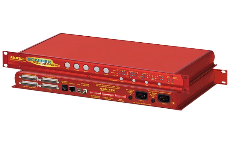 The Sonifex RB-DSD8 8 channel silence switcher works similarly to the Sonifex RB-SD1 and RB-DSD1 but allows for 4 stereo channels of audio.