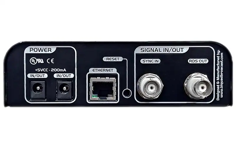 Rear view of Biquad Acadia Nano RDS/RBDS encoder with power, Ethernet and RF signal connections