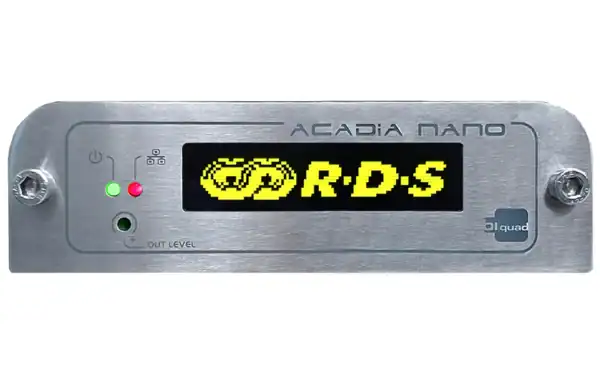 Front panel of Biquad Acadia Nano RDS/RBDS encoder with OLED display
