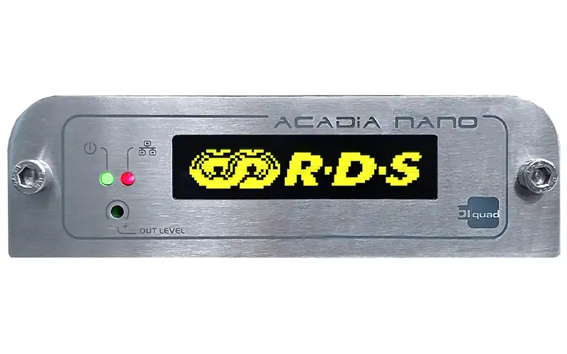 Front panel of Biquad Acadia Nano RDS/RBDS encoder with OLED display