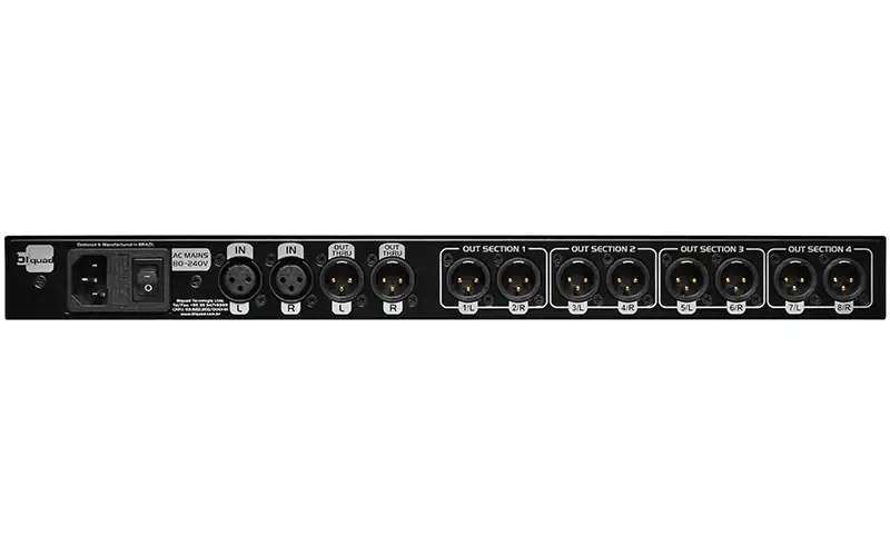 Rear view of Biquad DIST-28 audio distribution amplifier with balanced XLR inputs, thru and eight output connectors