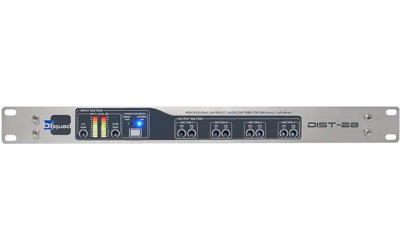 Front panel of Biquad DIST-28 audio distribution amplifier with input meters and output level controls
