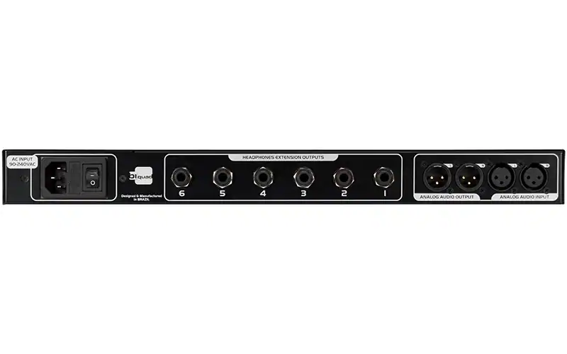 Rear view of Biquad HP600 headphone distribution amplifier with six headphone extension outputs and balanced XLR audio I/O