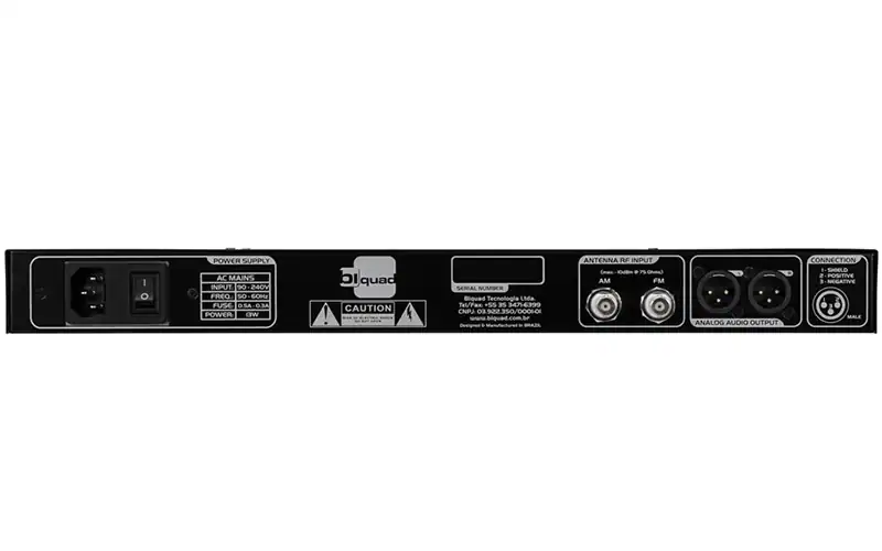 Rear view of Biquad Tuner M2 AM/FM radio receiver with RF antenna inputs and balanced XLR audio outputs