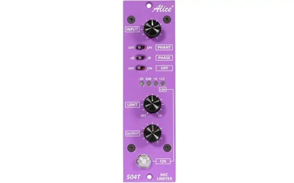 Alice 504T mic pre front panel with input, limiter and output controls.