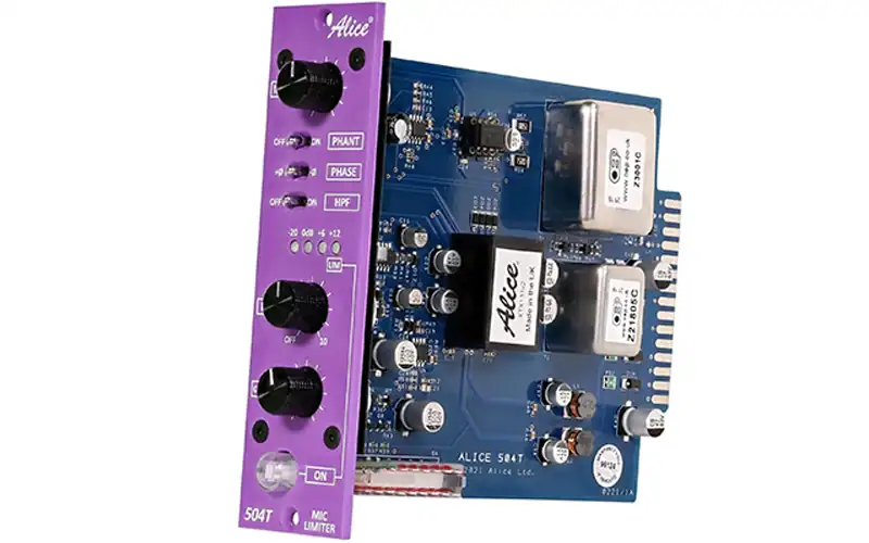 Alice 504T mic pre 500 Series module with front panel and circuit board.