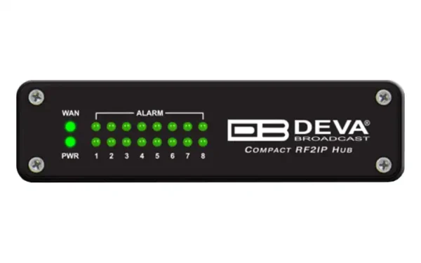 DEVA Compact RF2IP Hub front panel with WAN and alarm LEDs
