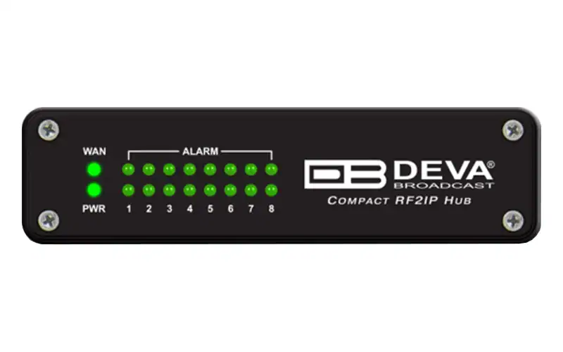 DEVA Compact RF2IP Hub front panel with WAN and alarm LEDs