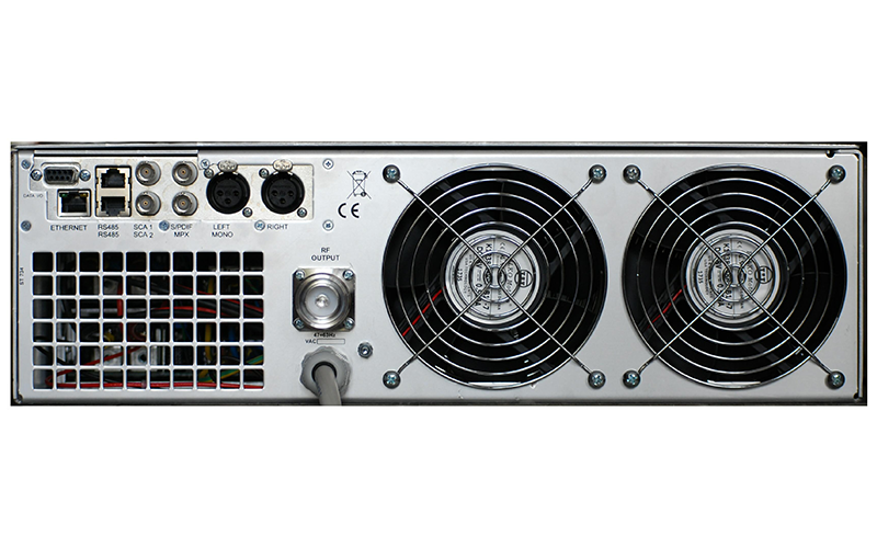 Rear panel of Suono Telecom ESVA2K 2kW FM transmitter with RF output and cooling fans