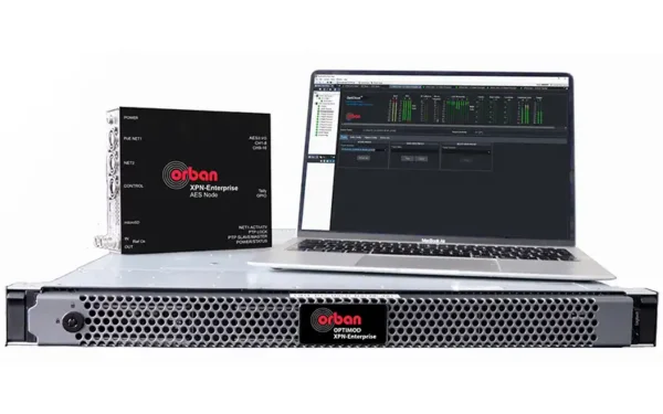 Orban OPTIMOD XPN-Enterprise server, AES node and laptop dashboard