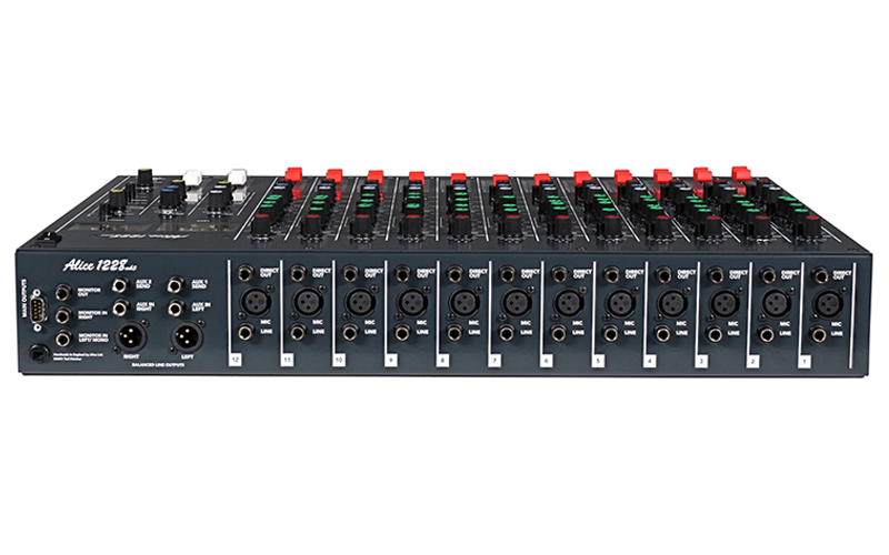 Rear panel of Alice 1228 Mixer MK3 showing 12 mic line input channels and balanced outputs