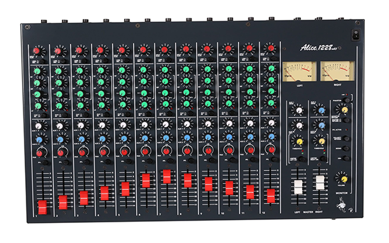 Top view of Alice 1228 Mixer MK3 broadcast console with 12 channel strips and master section