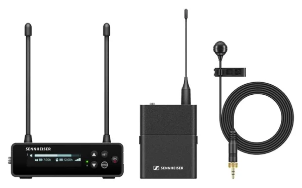 The Sennheiser EW-DP ME4 Set (R1-6) Portable digital UHF wireless microphone system with cardioid lavalier for filmmakers, content creators, and broadcasters.