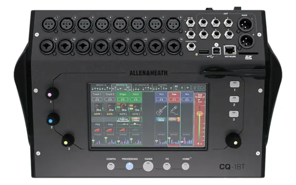 Allen & Heath CQ-18T mixer front panel with touchscreen and input connectors.