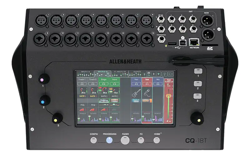 Allen & Heath CQ-18T mixer front panel with touchscreen and input connectors.