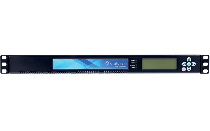 Digigram IQOYA SERVLINK 7272 aes67 Madi multichannel IP audio codec front panel with display and keypad