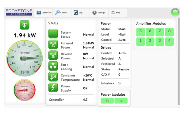 Dashboard screen of the Eddystone E2023-05 transmitter controller showing forward power, status indicators and amplifier module controls