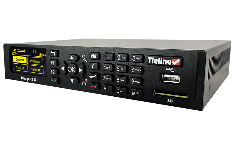 Tieline Bridge-IT II TLR6100 stereo IP audio codec front angle view with keypad display USB and SD slot