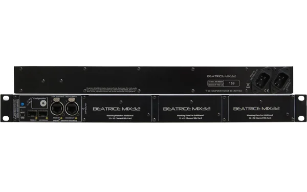 The Glensound Beatrice MIX32 is a high density audio mixer for producing fixed ratio audio mixes from/ to Dante and AES67 audio networks.