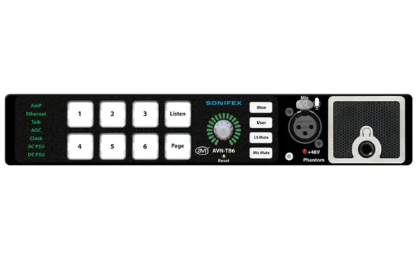 The Sonifex AVN-TB6 is a 6-way Dante® Audio-over-IP (AoIP) talkback intercom unit designed for broadcast, production, and professional audio applications.