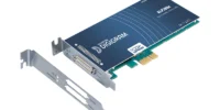Digigram ALP280e low-profile PCIe multichannel analog audio sound card with blue PCB, D-Sub connector, and bracket, viewed from angled side.