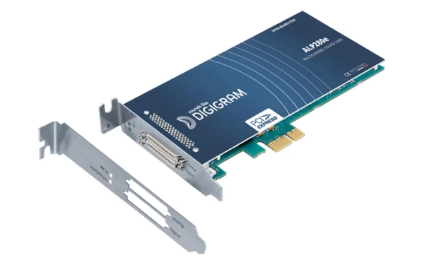 Digigram ALP280e low-profile PCIe multichannel analog audio sound card with blue PCB, D-Sub connector, and bracket, viewed from angled side.