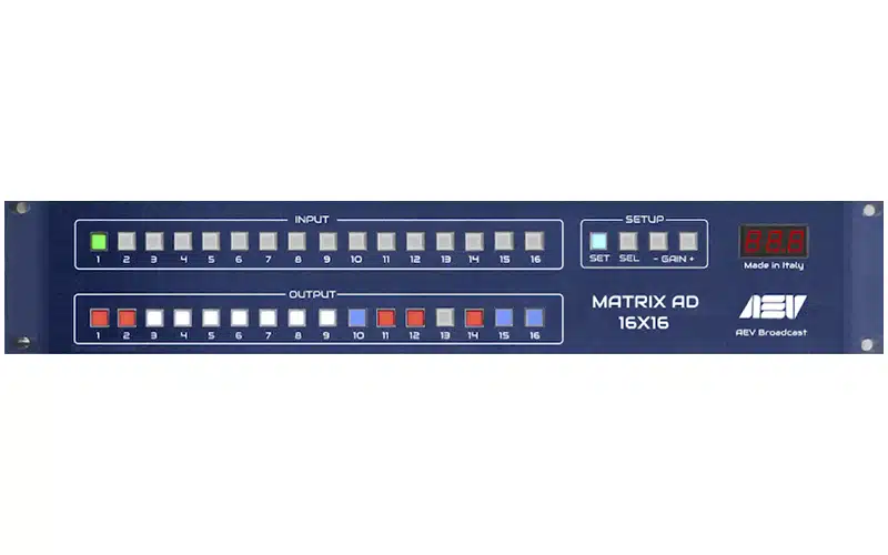 The AEV MATRIX AD 16x16 is 2U rack-mount 19" high quality audio MPX switcher equipped with one Main input