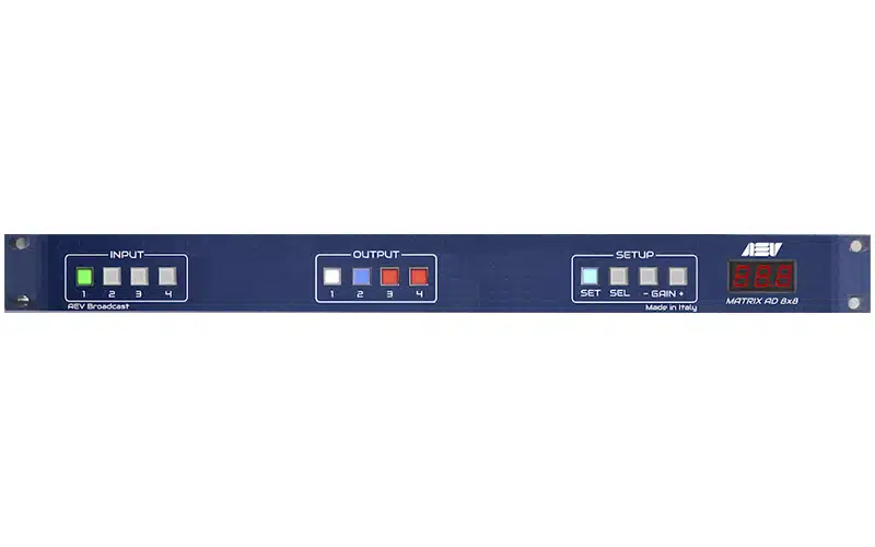 The AEV Matrix AD-4×4 is a balanced stereo audio matrix featuring eight inputs and eight outputs