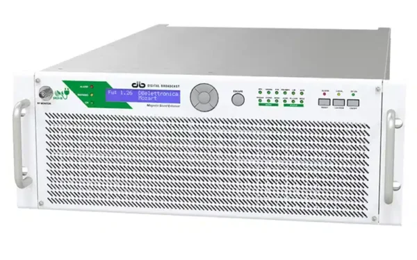 The DB Broadcast KFG NEXT 3000 3 kW amplifier is available with either an air cooling system or an advanced liquid cooling system for extended lifespan.
