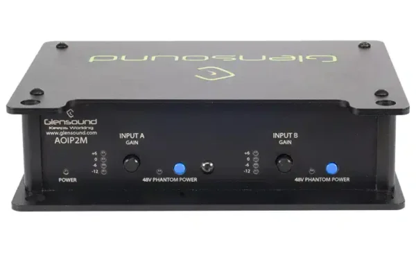 The Glensound AoIP2M is a professional 2-channel microphone amplifier designed for Dante/AES67 audio networks.