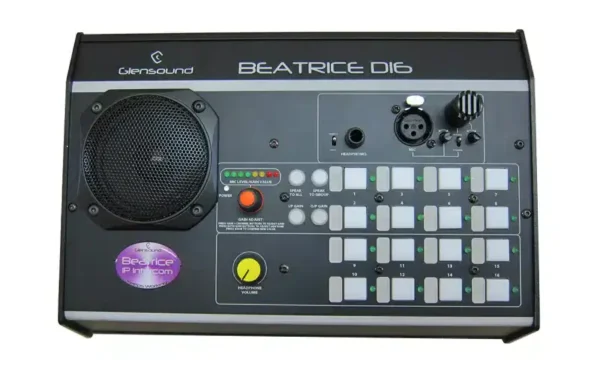 The Glensound Beatrice D16 is a fully featured 16 channel desktop intercom with crystal clear audio designed for broadcast and professional audio applications.