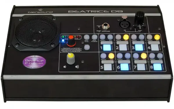 The Glensound Beatrice D8 is a fully featured 8 channel desktop intercom with crystal clear audio designed for broadcast and professional audio applications.