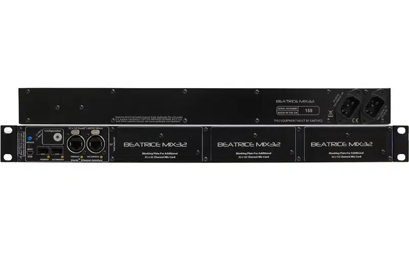 The Glensound Beatrice MIX32 is a high density audio mixer for producing fixed ratio audio mixes from/ to Dante and AES67 audio networks.
