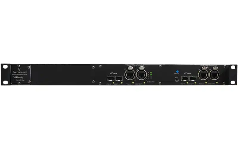 The Glensound Vittoria 64 DD is a 64-channel Dante-to-Dante network bridge that provides a robust firewall between two independent Dante network interfaces.